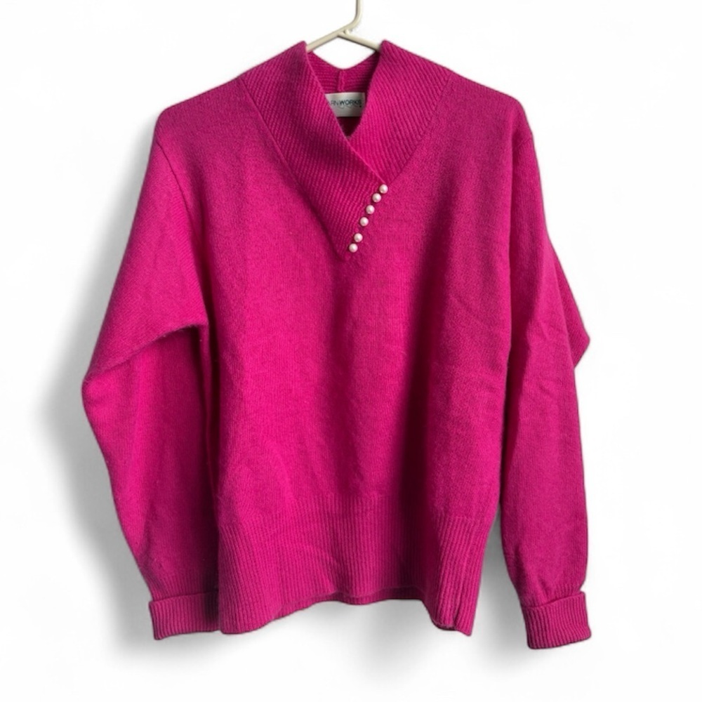 Vintage Yarnworks Pink Angora Lambswool Sweater with Button Detail – M